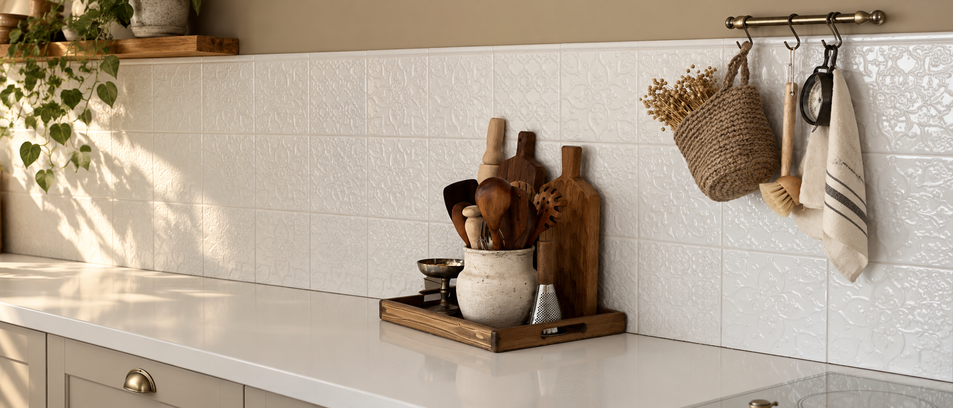 Kitchen storage essentials arranged in a warm modern kitchen