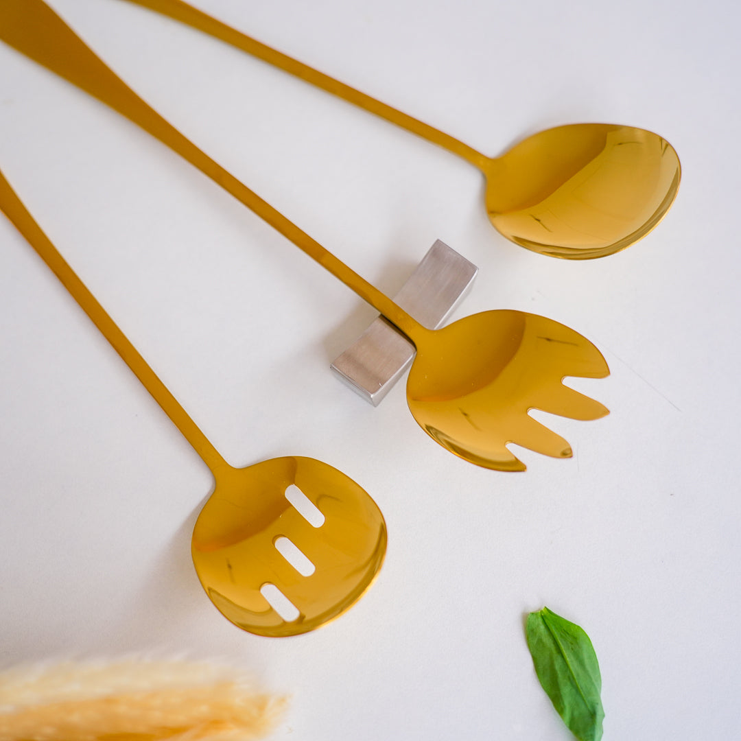 Long Salad & Serving Spoons – Set of 3 | Gold Stainless Steel - Image 2