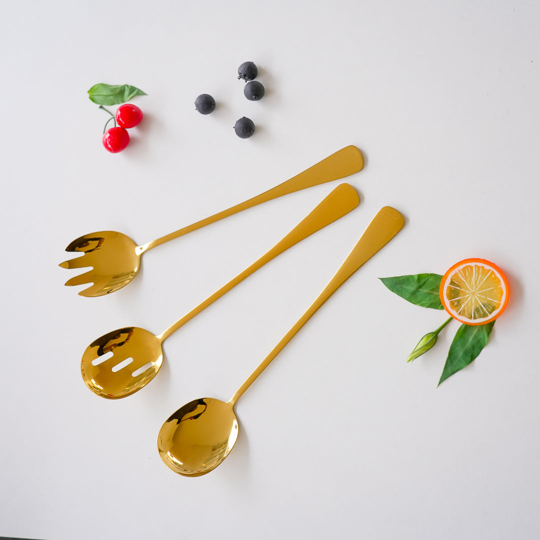 Long Salad & Serving Spoons – Set of 3 | Gold Stainless Steel - Image 3