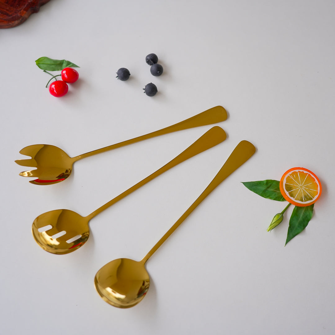 Long Salad & Serving Spoons – Set of 3 | Gold Stainless Steel - Image 5