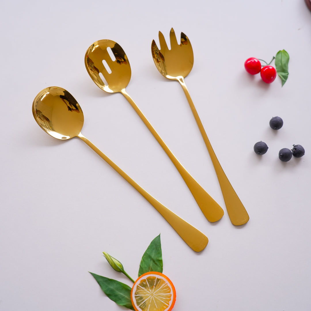 Long Salad & Serving Spoons – Set of 3 | Gold Stainless Steel - Image 4